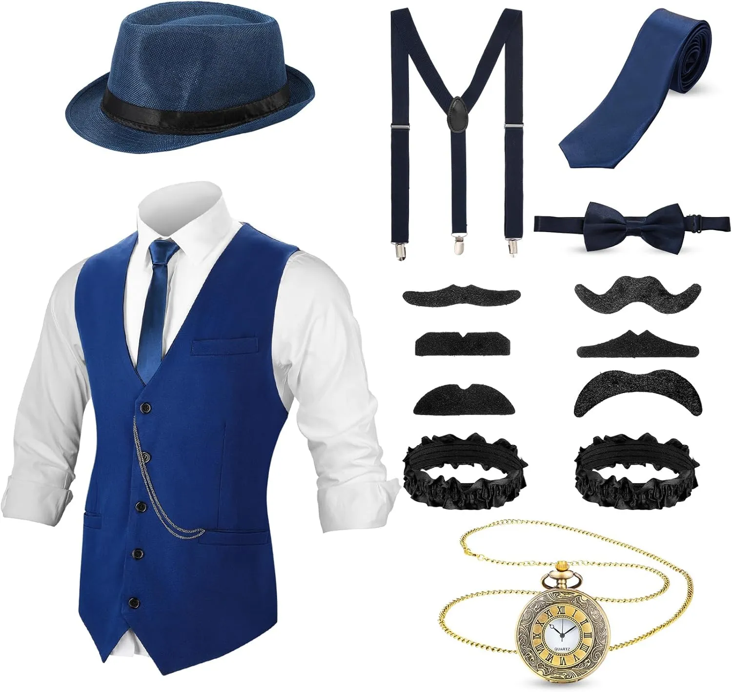 SATINIOR 1920s Mens Costume Roaring Outfit with Gangster Vest Hat Pocket Watch Suspenders