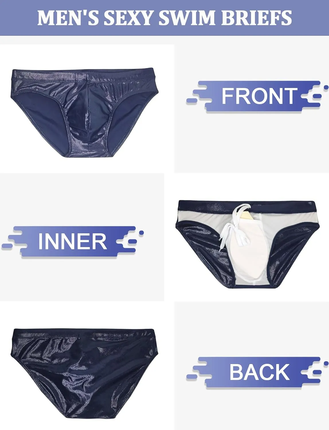 SEAUR Men's Shiny Metallic Low Rise Swim Briefs Sexy Bikini Swimsuit Quick Dry Drawstring Swimwear Contour Pouch Bathing Suit