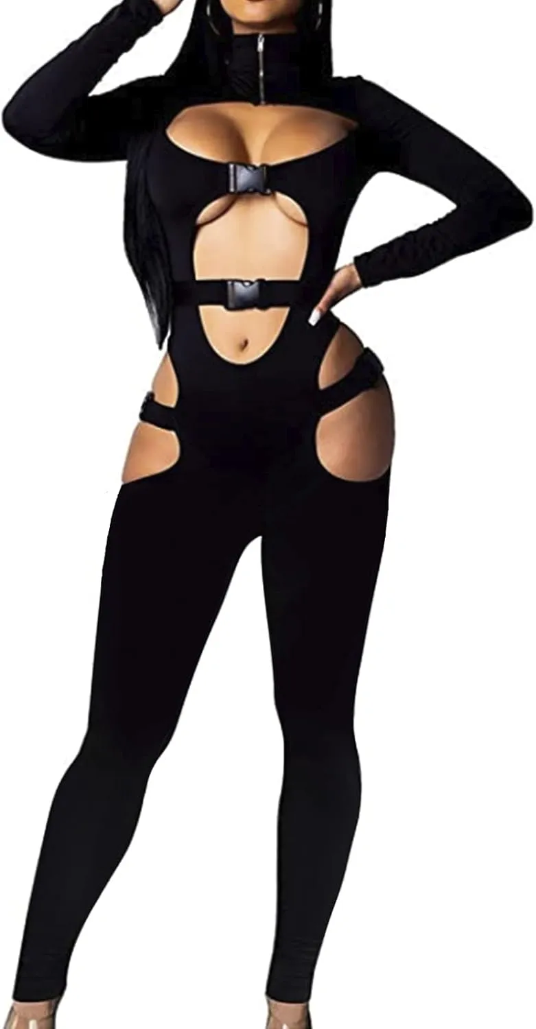 sedmoda Women Sexy Bodycon Buckle Jumpsuits Long Sleeve Hollow Out One Piece Outfits Party Club Rompers