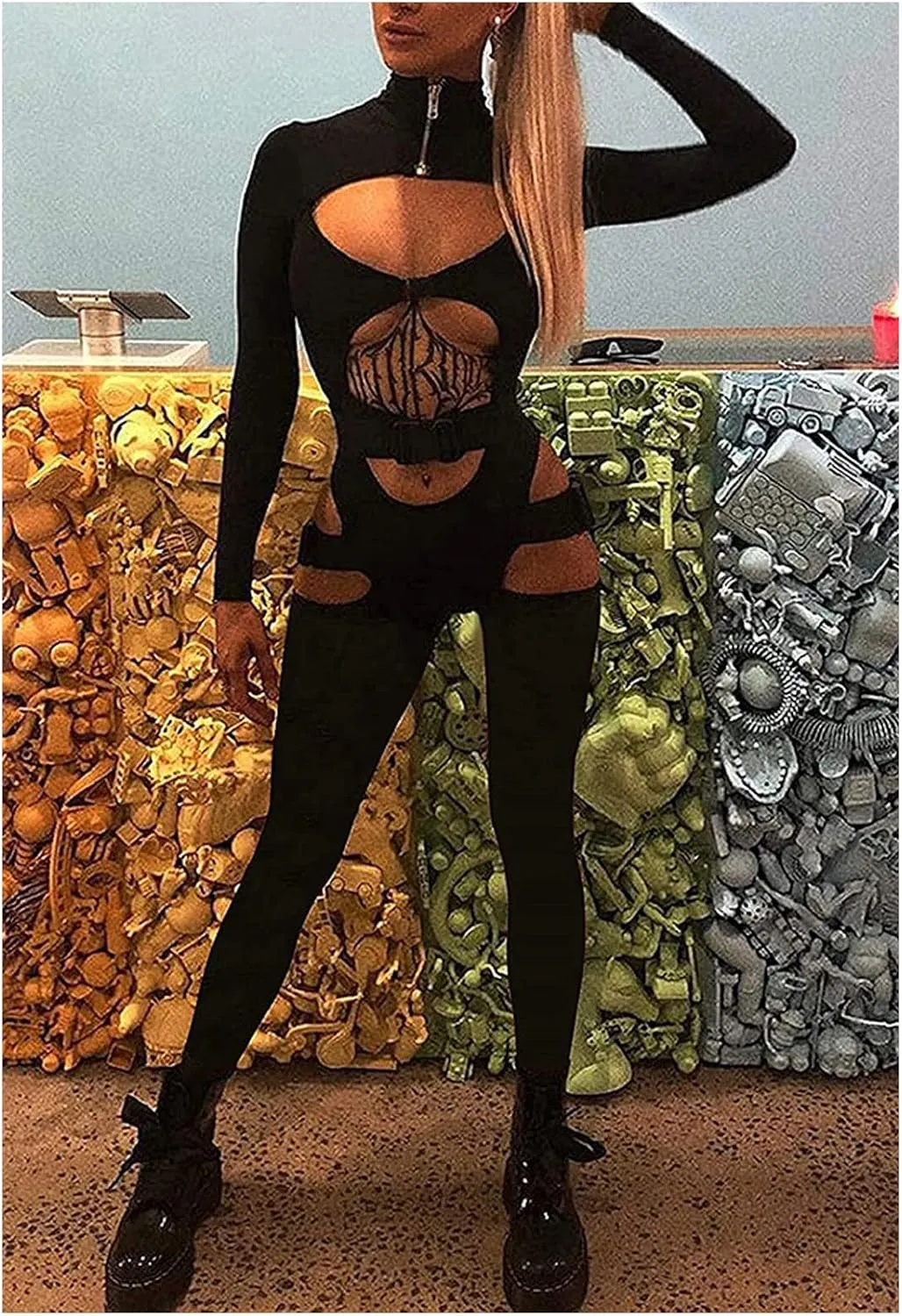 sedmoda Women Sexy Bodycon Buckle Jumpsuits Long Sleeve Hollow Out One Piece Outfits Party Club Rompers