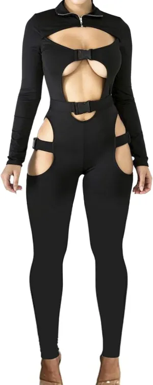 sedmoda Women Sexy Bodycon Buckle Jumpsuits Long Sleeve Hollow Out One Piece Outfits Party Club Rompers