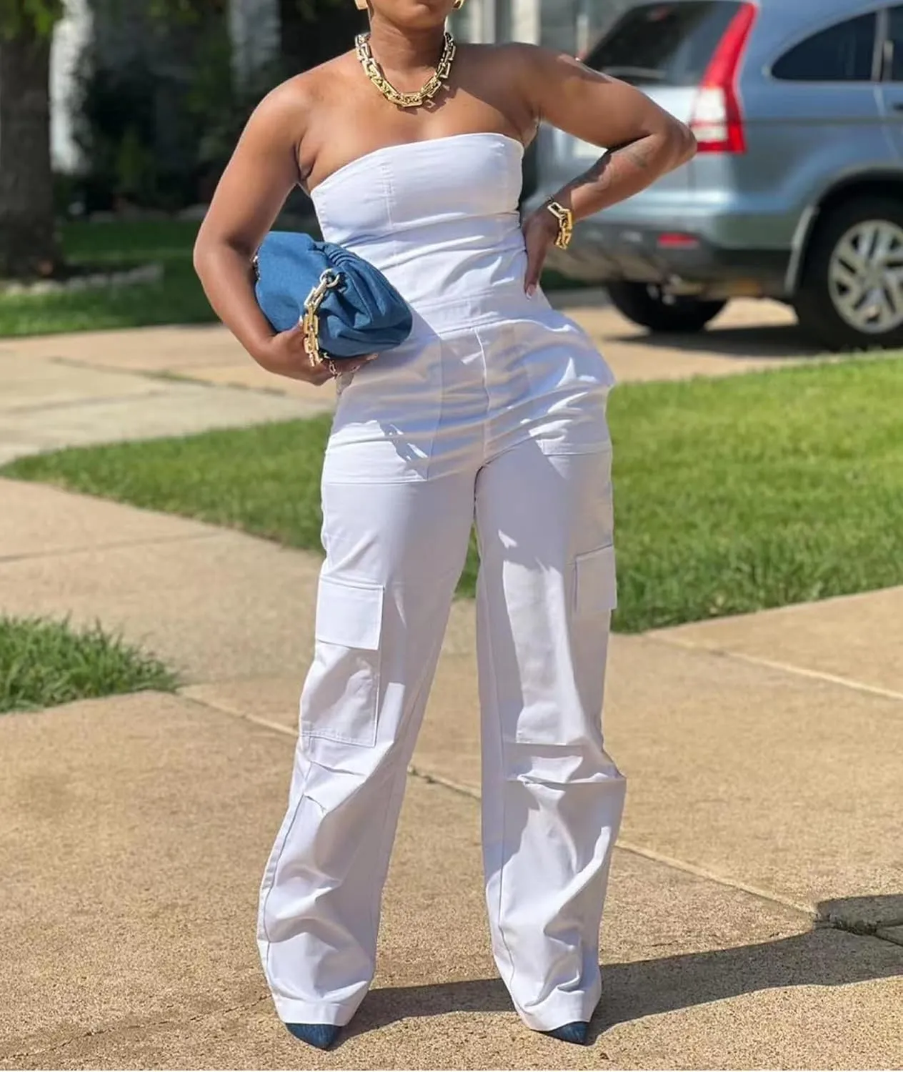 SEMATOMALA Women's Strapless Cargo Jumpsuit Tube Top Wide Leg Baggy Pants Romper Party Club Overalls