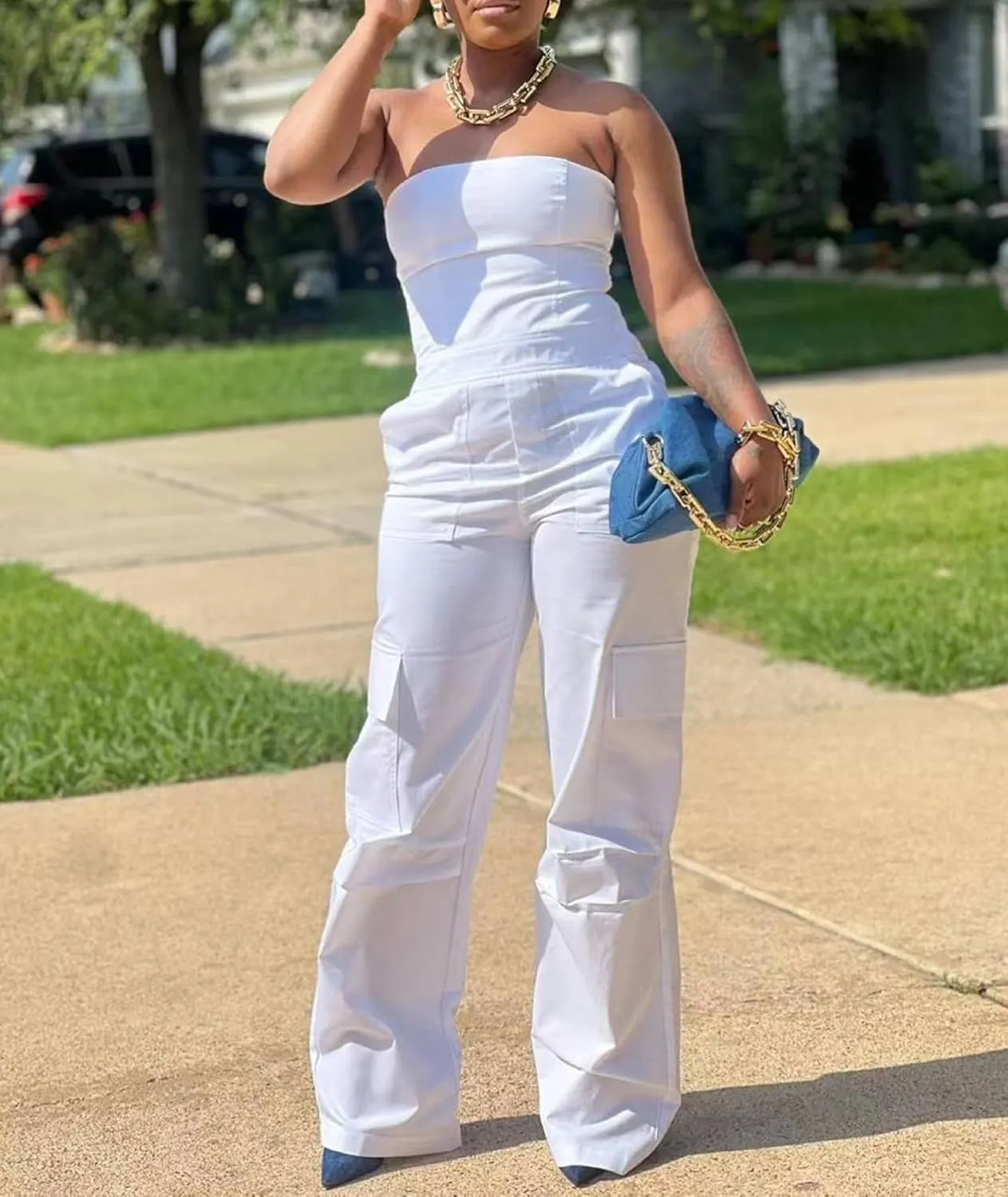 SEMATOMALA Women's Strapless Cargo Jumpsuit Tube Top Wide Leg Baggy Pants Romper Party Club Overalls
