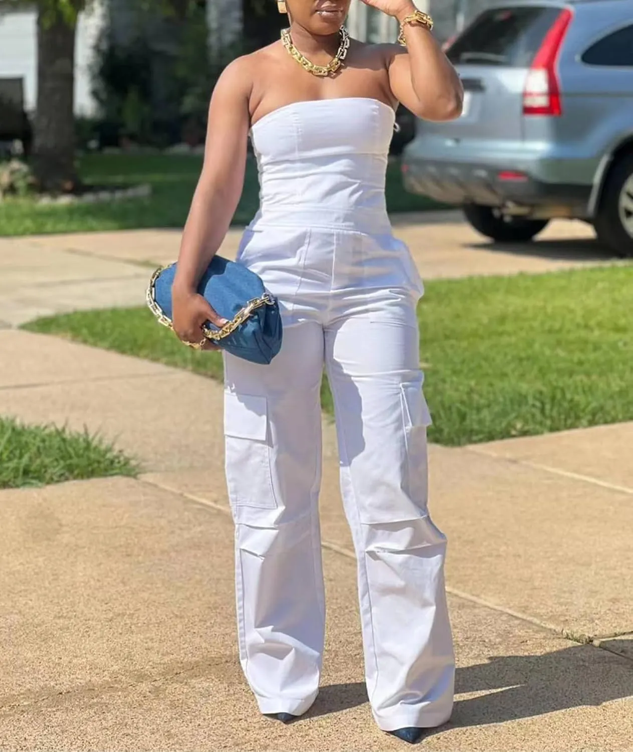 SEMATOMALA Women's Strapless Cargo Jumpsuit Tube Top Wide Leg Baggy Pants Romper Party Club Overalls