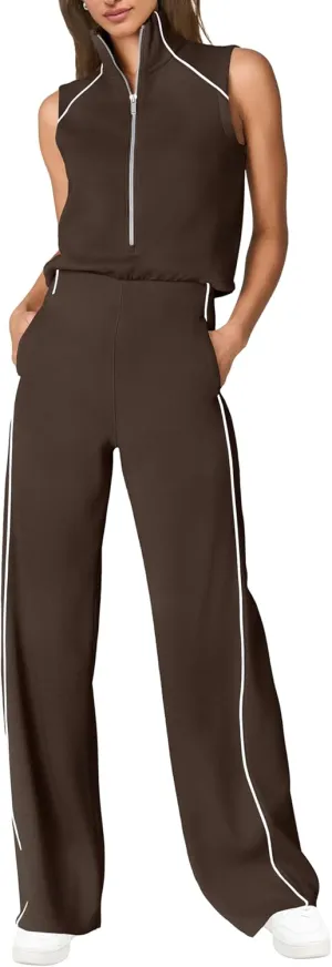 SENSERISE Womens Summer Jumpsuits Dressy Casual Sleeveless Mock Neck Top Wide Leg Pants Romper with Pockets