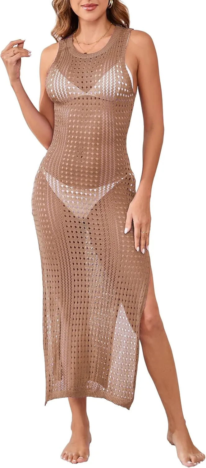 Sexy Cover Ups for Swimwear Women Casual See Through Crochet Mesh Bathing Suit Dress Summer