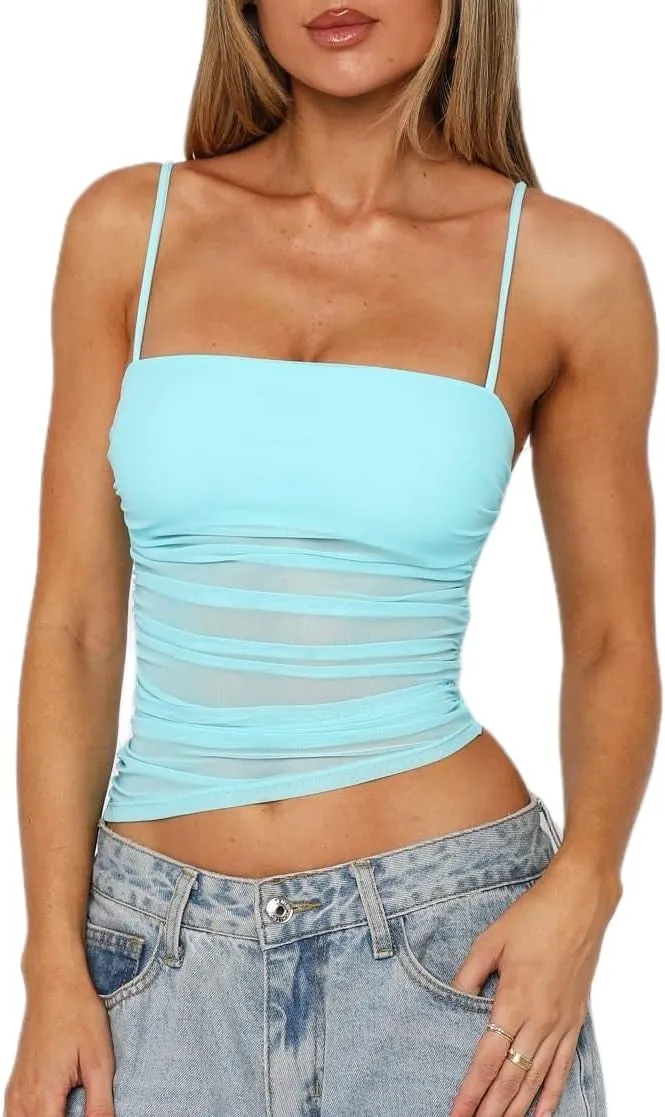 Sexy Going Out Tops for Women Spaghetti Strap Mesh Bustier Tank Top Summer Irregular Hem Slim Fit Camisole