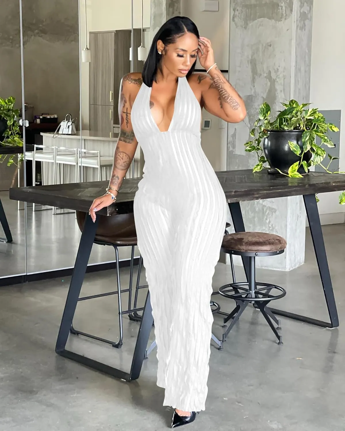 Sexy Summer Halter jumpsuits for women Dressy 2024 backless V Neck wide leg long pants one pieces jumpsuit Romper club outfit