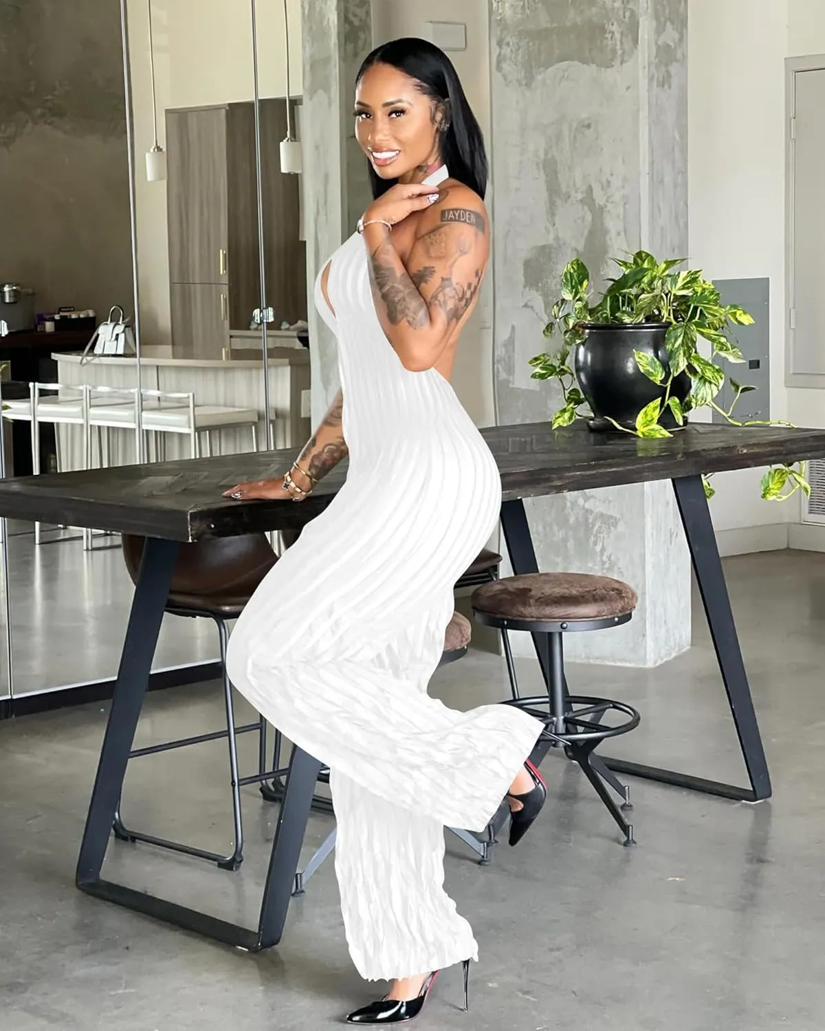 Sexy Summer Halter jumpsuits for women Dressy 2024 backless V Neck wide leg long pants one pieces jumpsuit Romper club outfit