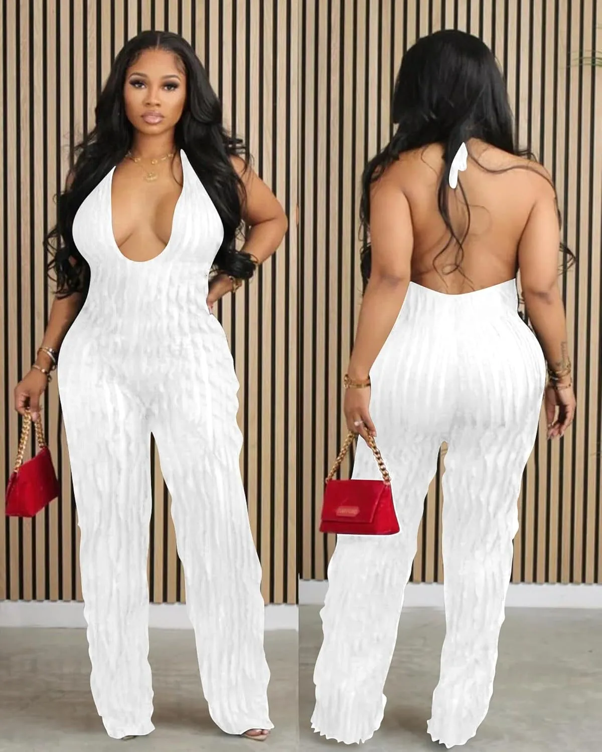 Sexy Summer Halter jumpsuits for women Dressy 2024 backless V Neck wide leg long pants one pieces jumpsuit Romper club outfit
