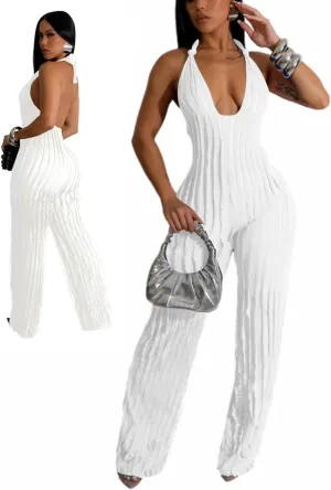 Sexy Summer Halter jumpsuits for women Dressy 2024 backless V Neck wide leg long pants one pieces jumpsuit Romper club outfit
