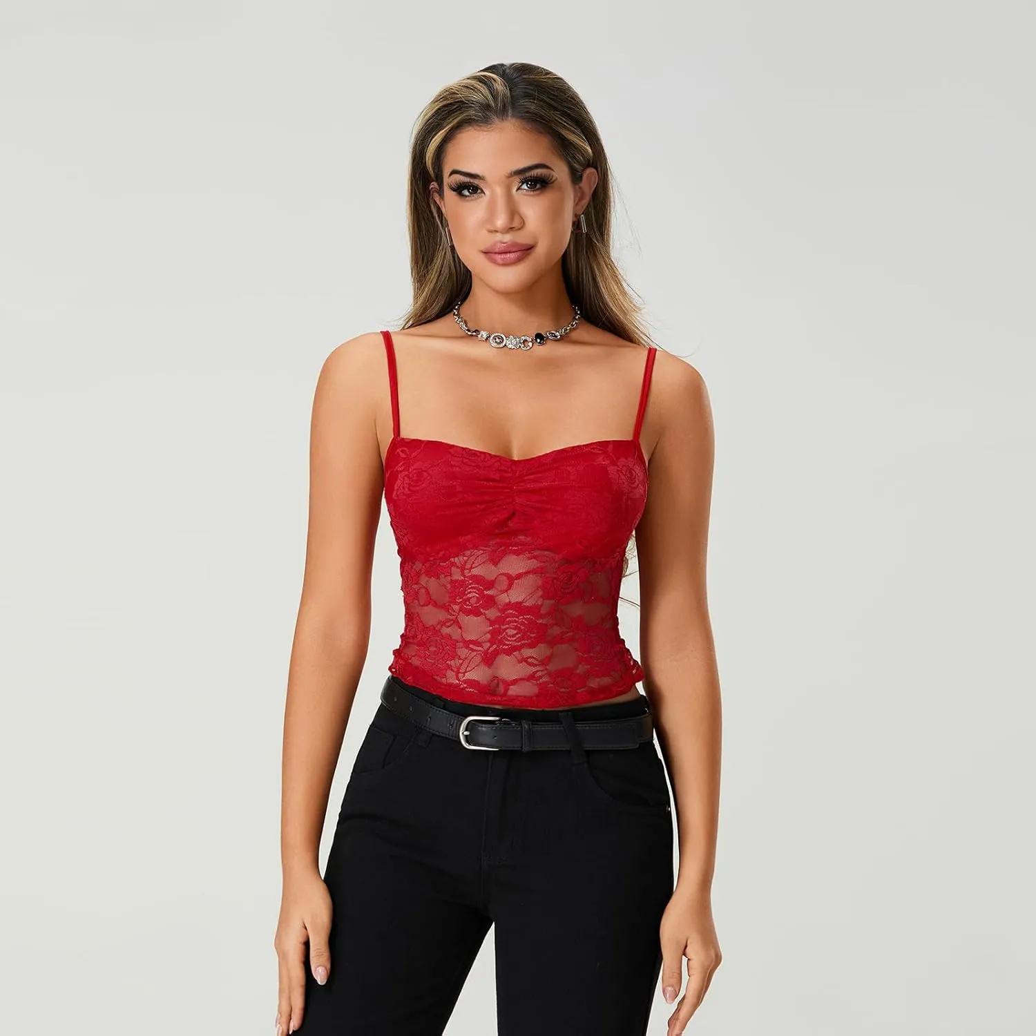 Sexy Y2k Lace Tops for Women Going Out Crop Tank Top Spaghetti Strap Mesh See Through Camisole Slim Fit Club Shirts