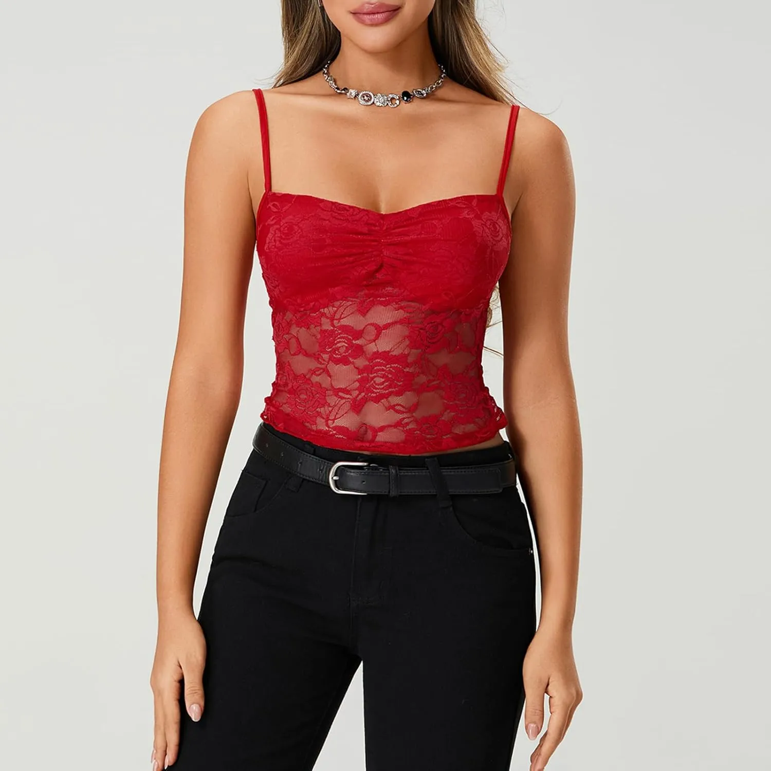 Sexy Y2k Lace Tops for Women Going Out Crop Tank Top Spaghetti Strap Mesh See Through Camisole Slim Fit Club Shirts