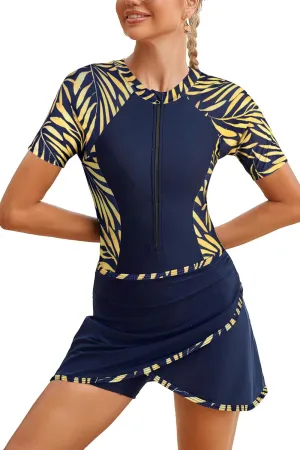 SHEKINI Women's Two Piece Athletic Short Sleeves Surfing Zipper Boyleg One Piece Rash Guard Swimsuits   Swim Skirted