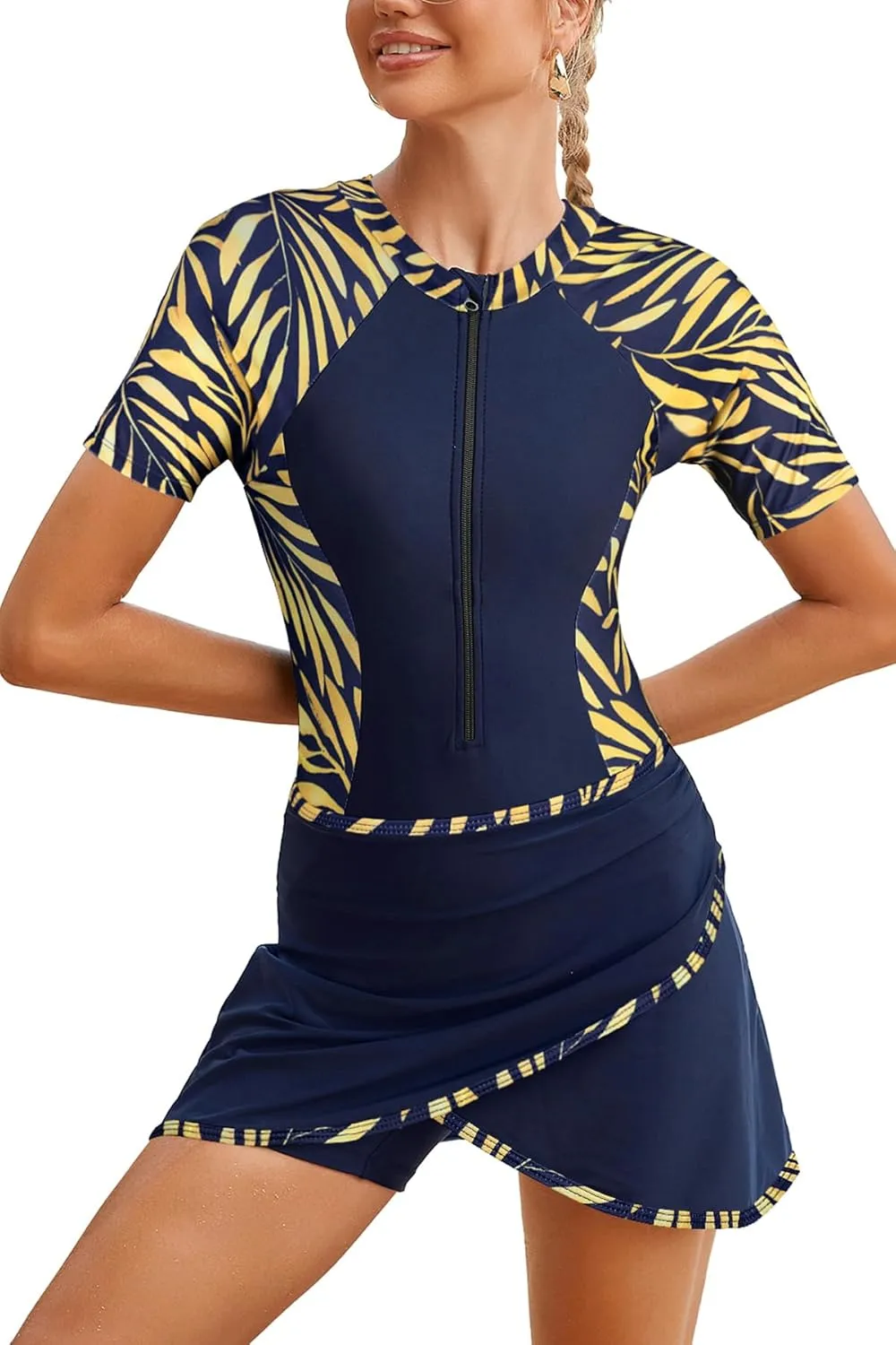SHEKINI Women's Two Piece Athletic Short Sleeves Surfing Zipper Boyleg One Piece Rash Guard Swimsuits   Swim Skirted