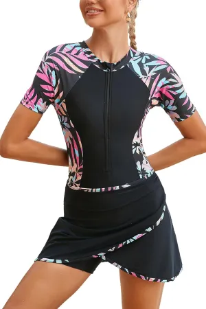 SHEKINI Women's Two Piece Athletic Short Sleeves Surfing Zipper Boyleg One Piece Rash Guard Swimsuits   Swim Skirted