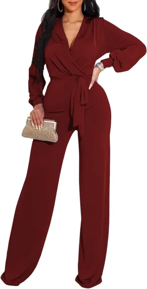 shengfan Formal Jumpsuits for Women Dressy Evening Sexy Deep V Neck Plus Size Long Wide Leg Pants Rompers Clubwear