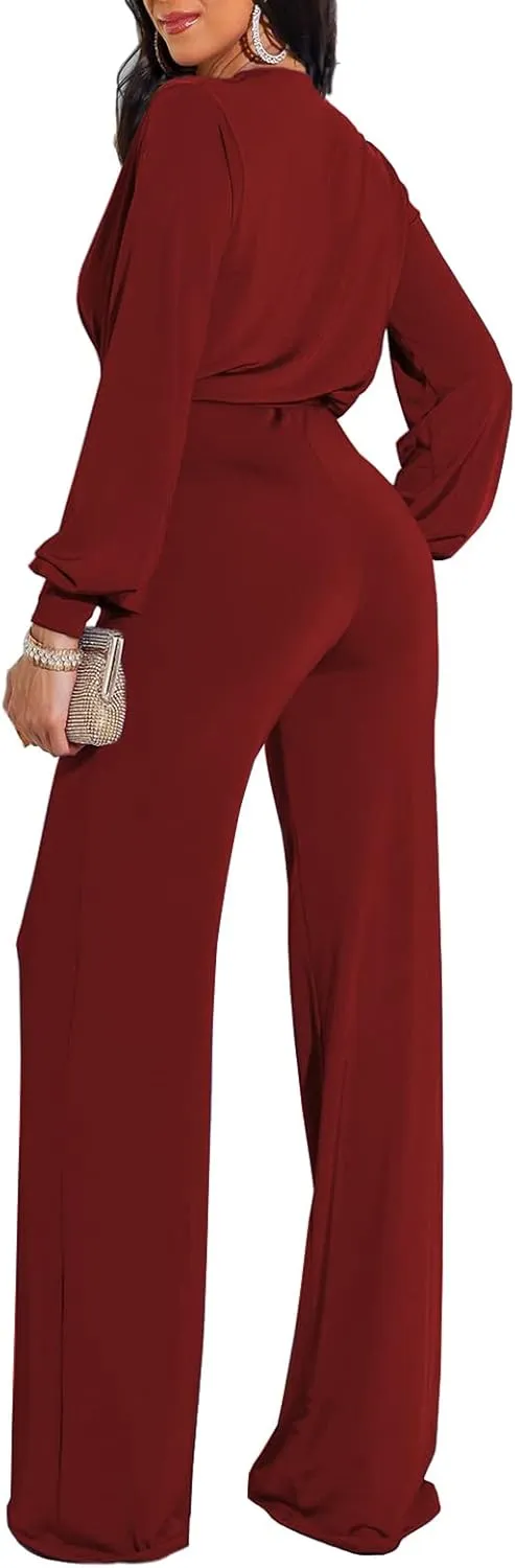 shengfan Formal Jumpsuits for Women Dressy Evening Sexy Deep V Neck Plus Size Long Wide Leg Pants Rompers Clubwear