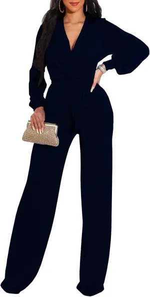 shengfan Formal Jumpsuits for Women Dressy Evening Sexy Deep V Neck Plus Size Long Wide Leg Pants Rompers Clubwear