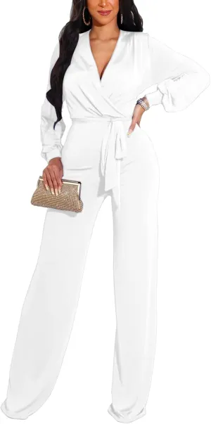 shengfan Formal Jumpsuits for Women Dressy Evening Sexy Deep V Neck Plus Size Long Wide Leg Pants Rompers Clubwear
