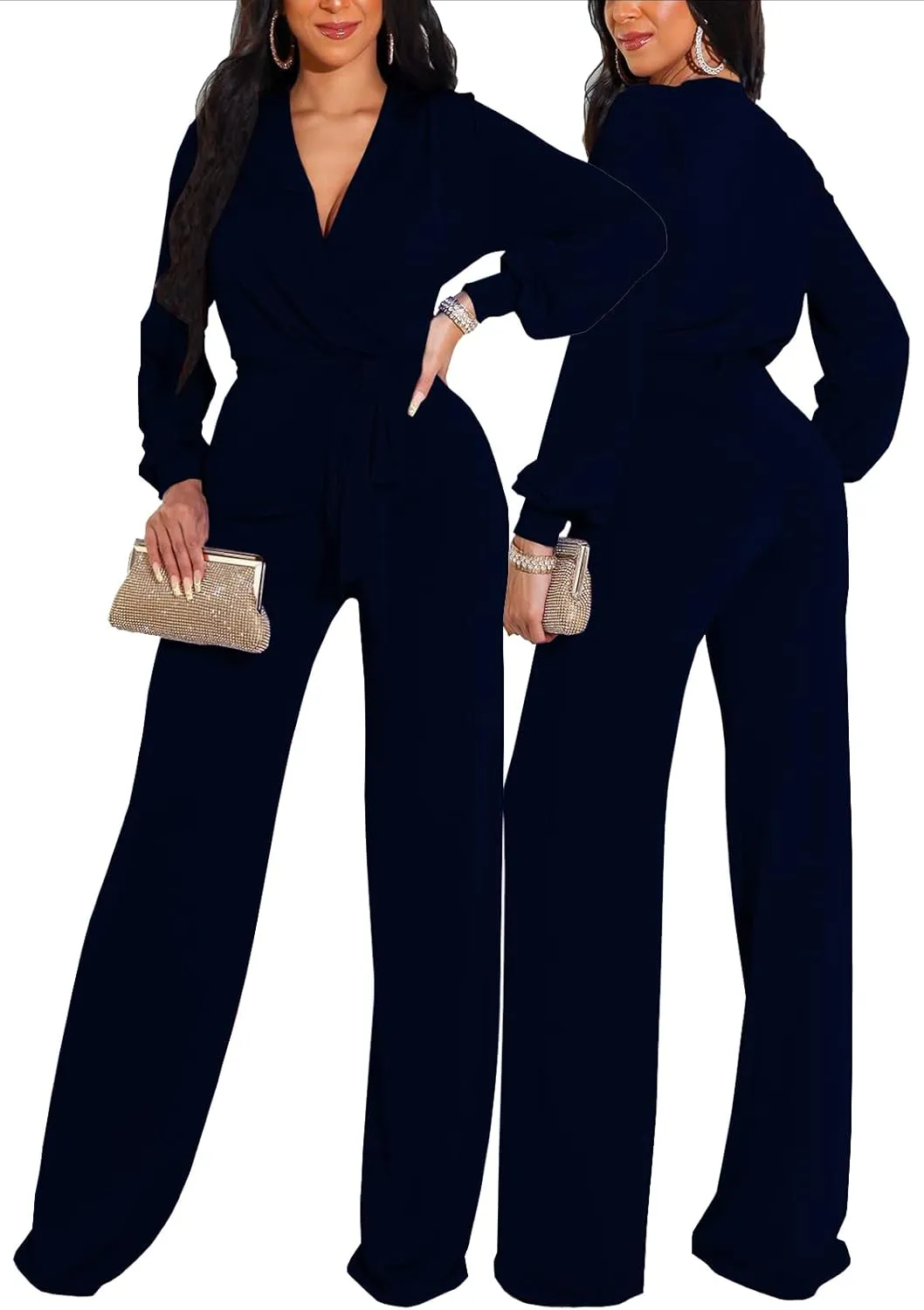 shengfan Formal Jumpsuits for Women Dressy Evening Sexy Deep V Neck Plus Size Long Wide Leg Pants Rompers Clubwear