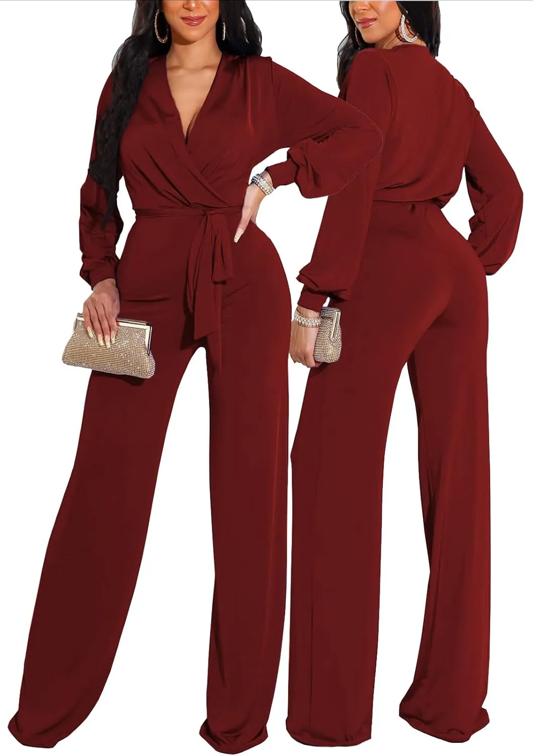 shengfan Formal Jumpsuits for Women Dressy Evening Sexy Deep V Neck Plus Size Long Wide Leg Pants Rompers Clubwear