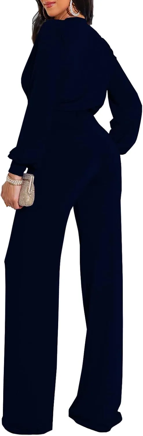 shengfan Formal Jumpsuits for Women Dressy Evening Sexy Deep V Neck Plus Size Long Wide Leg Pants Rompers Clubwear
