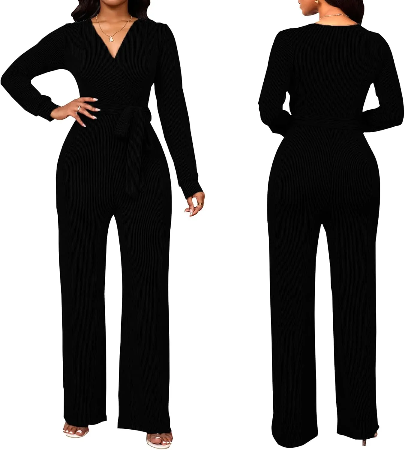 shengfan Women's Casual Long Sleeve Clubwear Party Sexy Sparkly Jumpsuits Elegant Deep V Neck Wide Leg Pants Rompers