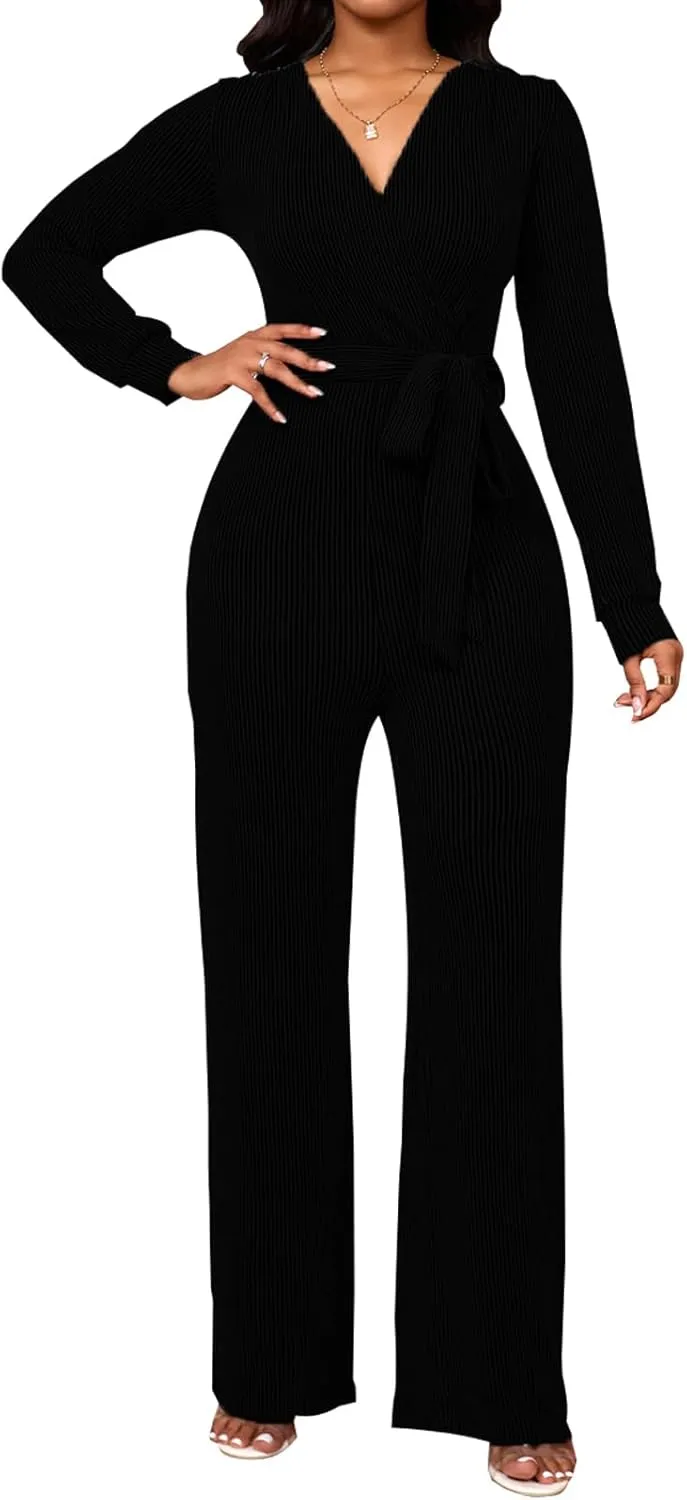 shengfan Women's Casual Long Sleeve Clubwear Party Sexy Sparkly Jumpsuits Elegant Deep V Neck Wide Leg Pants Rompers