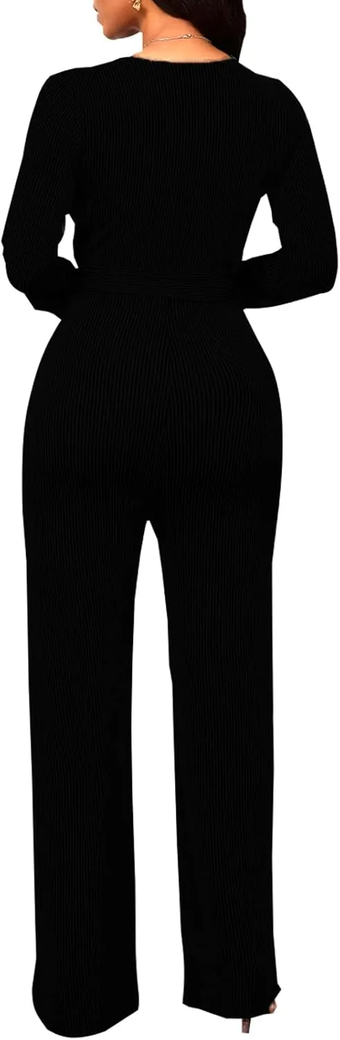 shengfan Women's Casual Long Sleeve Clubwear Party Sexy Sparkly Jumpsuits Elegant Deep V Neck Wide Leg Pants Rompers