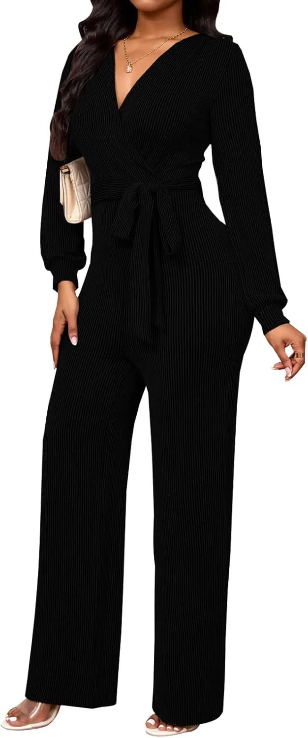 shengfan Women's Casual Long Sleeve Clubwear Party Sexy Sparkly Jumpsuits Elegant Deep V Neck Wide Leg Pants Rompers