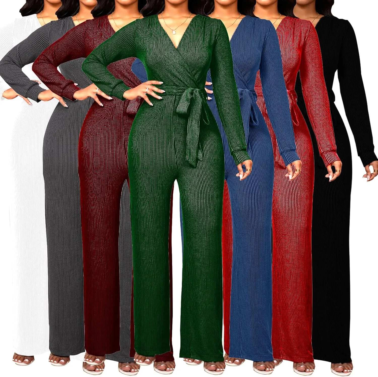 shengfan Women's Casual Long Sleeve Clubwear Party Sexy Sparkly Jumpsuits Elegant Deep V Neck Wide Leg Pants Rompers