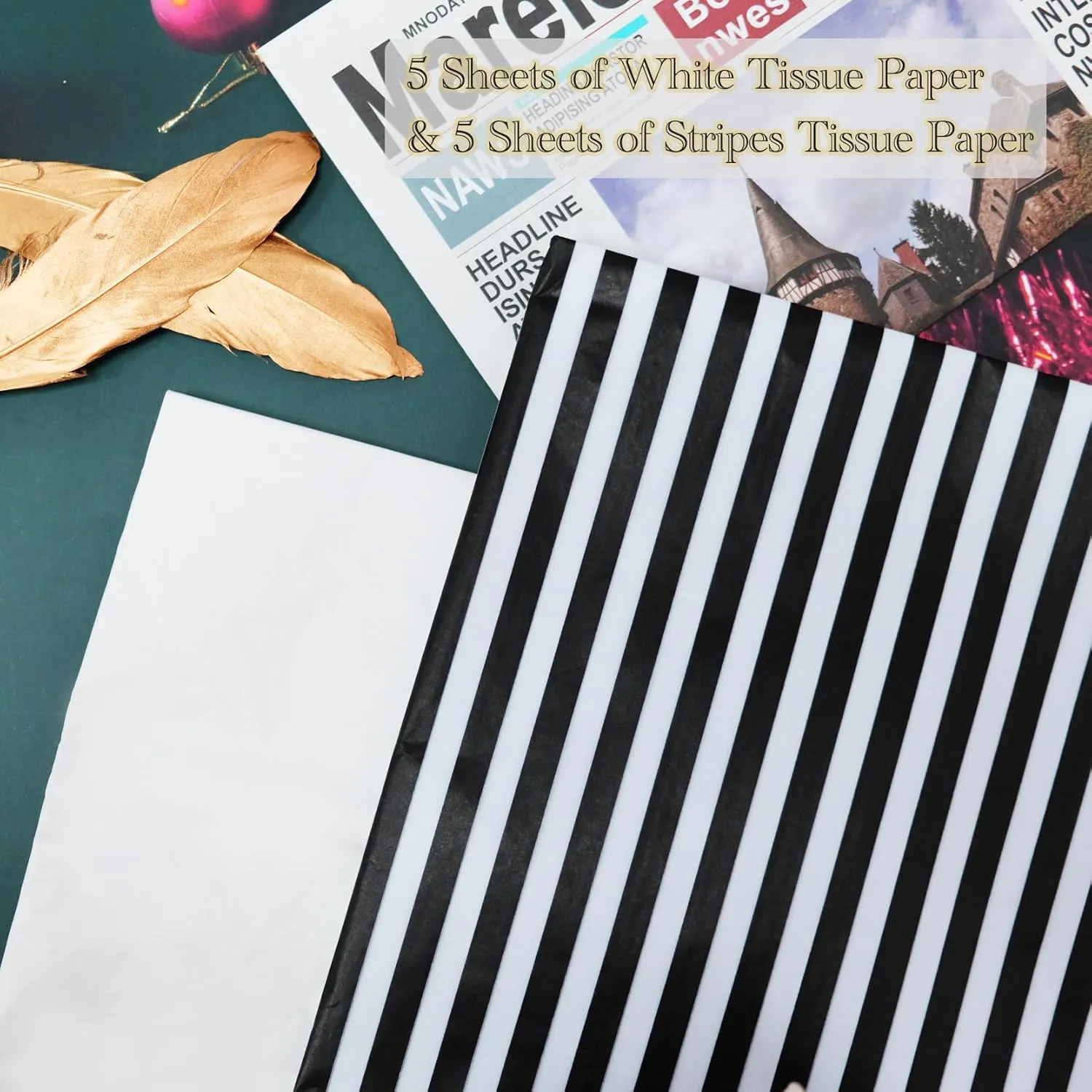 SHIPKEY 10 Pcs Small Gift Bags with Tissue Paper, 6x2.5x8inch Black Paper Bags for Holidays, Durable Shopping Bags (15x6x20 cm)