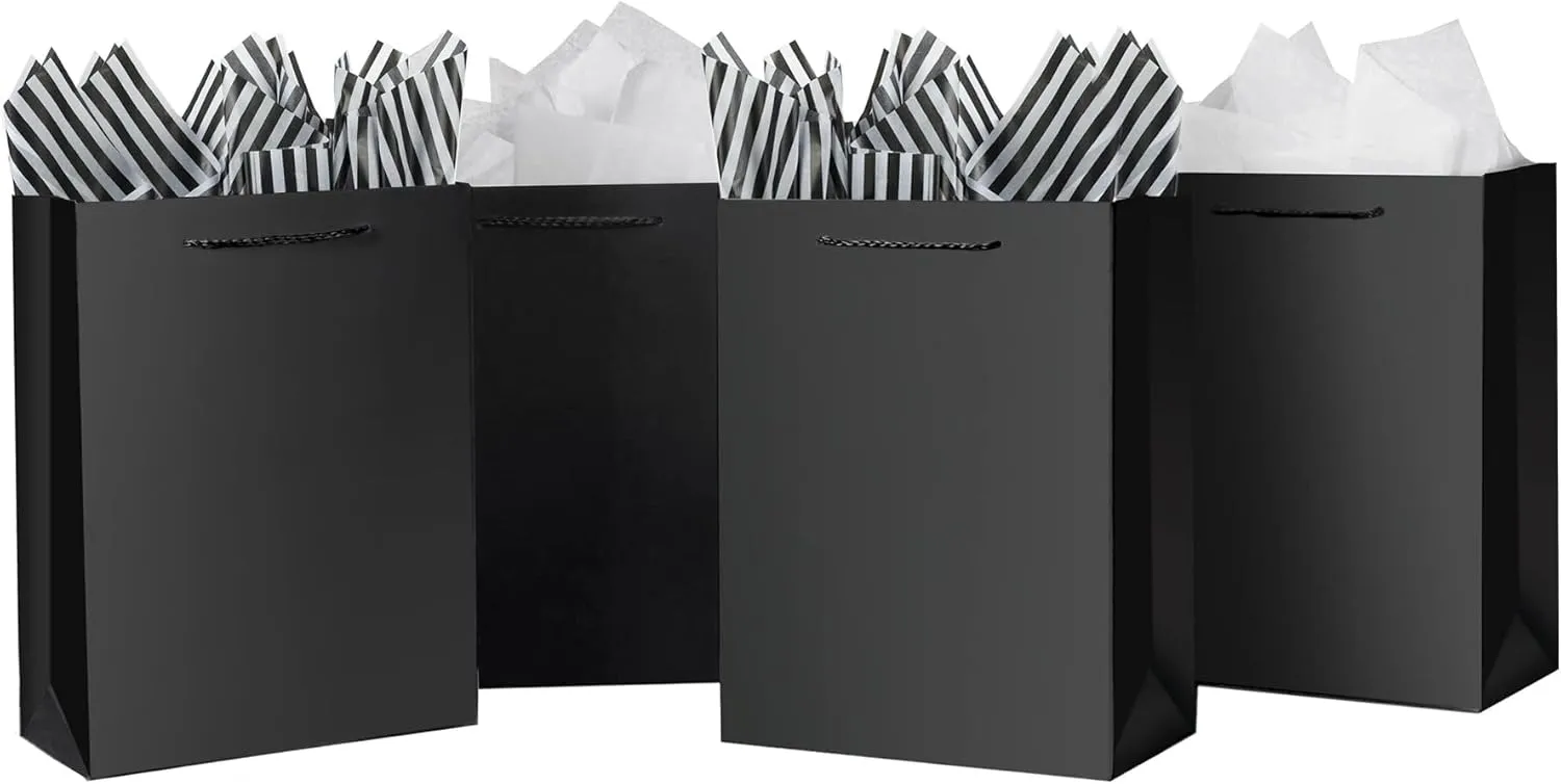 SHIPKEY 10 Pcs Small Gift Bags with Tissue Paper, 6x2.5x8inch Black Paper Bags for Holidays, Durable Shopping Bags (15x6x20 cm)