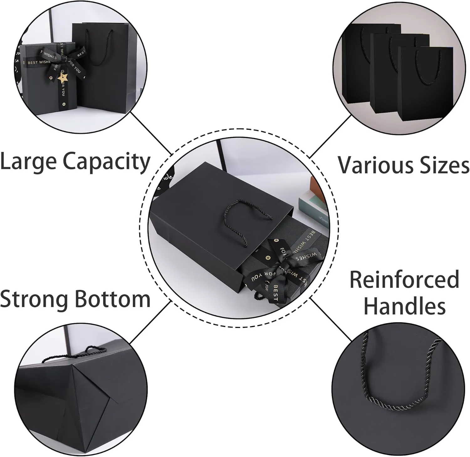 SHIPKEY 10 Pcs Small Gift Bags with Tissue Paper, 6x2.5x8inch Black Paper Bags for Holidays, Durable Shopping Bags (15x6x20 cm)
