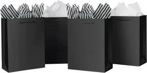 SHIPKEY 10 Pcs Small Gift Bags with Tissue Paper, 6x2.5x8inch Black Paper Bags for Holidays, Durable Shopping Bags (15x6x20 cm)
