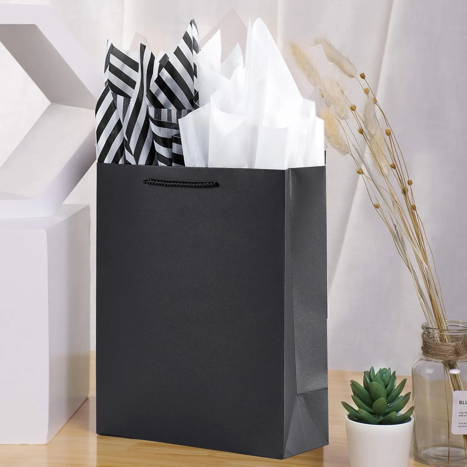 SHIPKEY 10 Pcs Small Gift Bags with Tissue Paper, 6x2.5x8inch Black Paper Bags for Holidays, Durable Shopping Bags (15x6x20 cm)