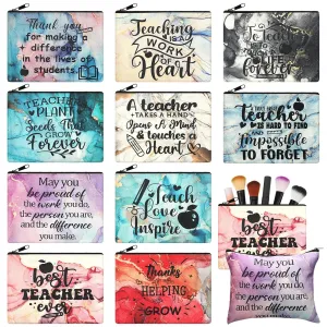 Sieral 10 Pcs Teacher Appreciation Gifts Bulk Cosmetic Makeup Bag Canvas Teacher Pencil Pouch Marble Sign Travel Funny Pencil Pouch for Back to School Thank You Educator Graduation End of Year