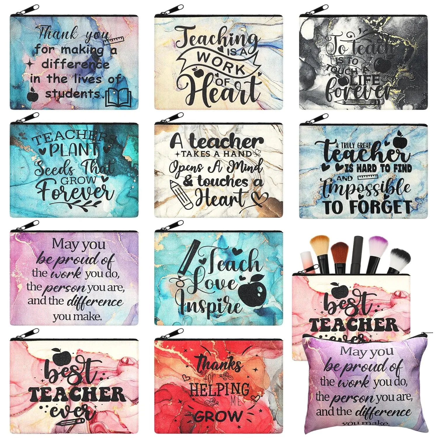 Sieral 10 Pcs Teacher Appreciation Gifts Bulk Cosmetic Makeup Bag Canvas Teacher Pencil Pouch Marble Sign Travel Funny Pencil Pouch for Back to School Thank You Educator Graduation End of Year