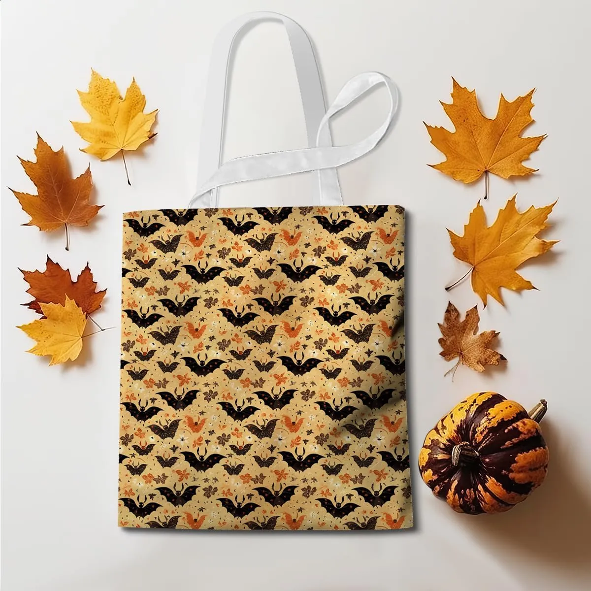 Single-Side Printed Fall Halloween Canvas Tote Bag for Women Pumpkin Autumn Thanksgiving Reusable Grocery Bags