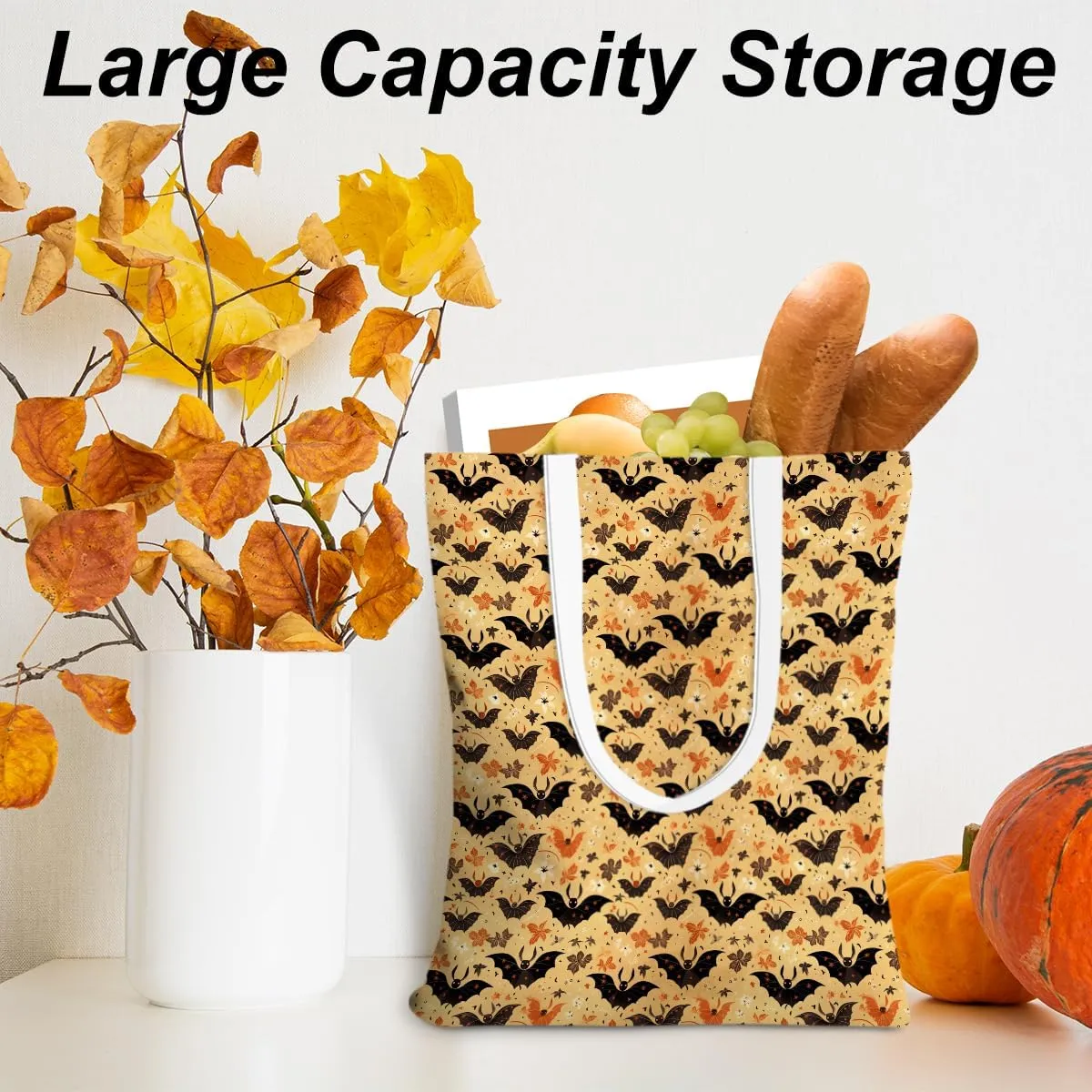 Single-Side Printed Fall Halloween Canvas Tote Bag for Women Pumpkin Autumn Thanksgiving Reusable Grocery Bags