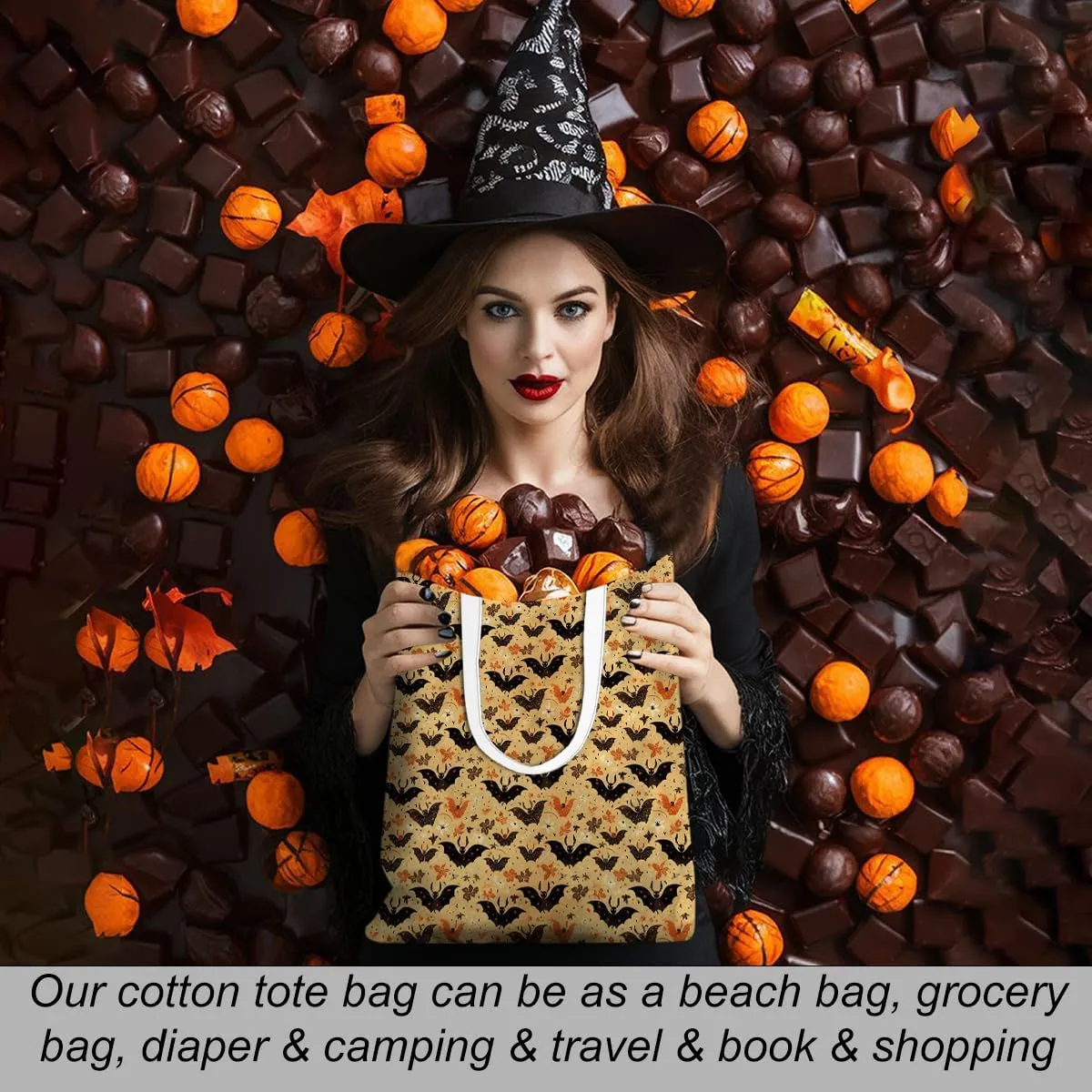 Single-Side Printed Fall Halloween Canvas Tote Bag for Women Pumpkin Autumn Thanksgiving Reusable Grocery Bags