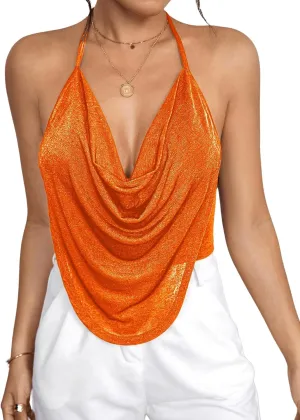 SOLY HUX Women's Cami Tops Cowl Neck Halter Backless Crop Top Draped Front Tops