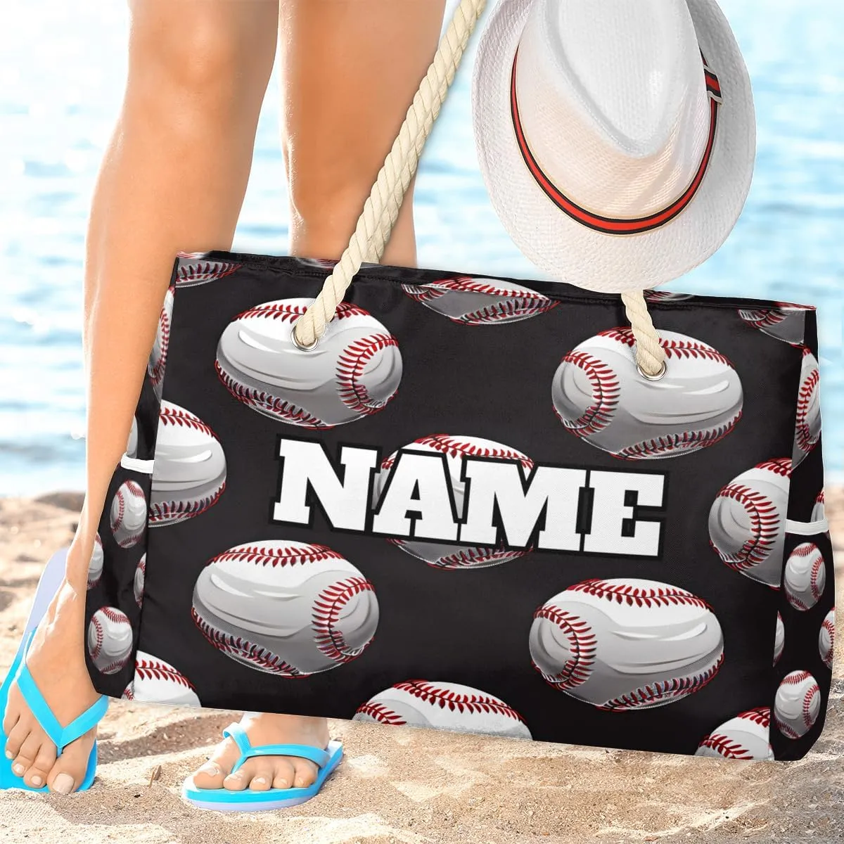 Sport Baseball Personalized Beach Bag for Women, Custom Name Waterproof Sandproof Pool Swim Bags