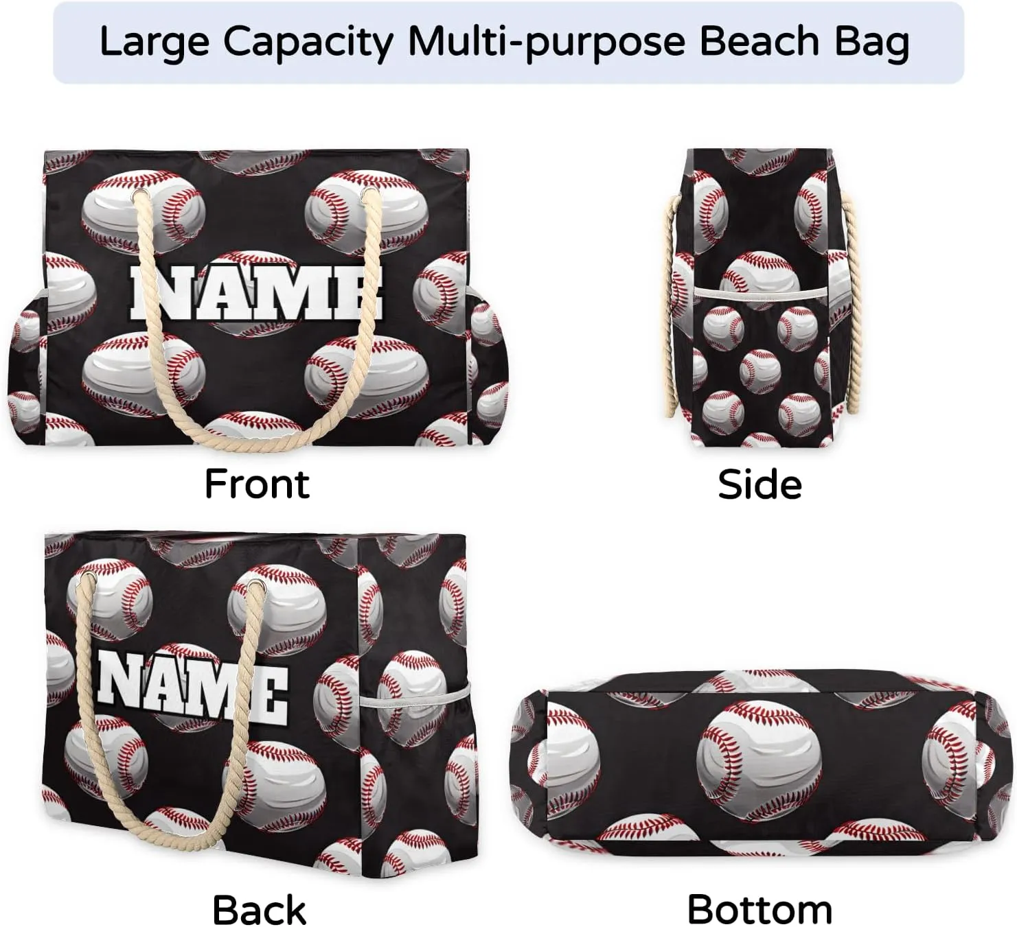Sport Baseball Personalized Beach Bag for Women, Custom Name Waterproof Sandproof Pool Swim Bags