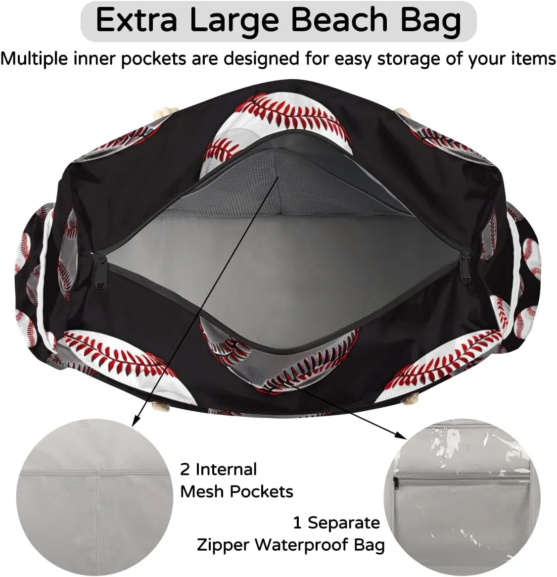 Sport Baseball Personalized Beach Bag for Women, Custom Name Waterproof Sandproof Pool Swim Bags