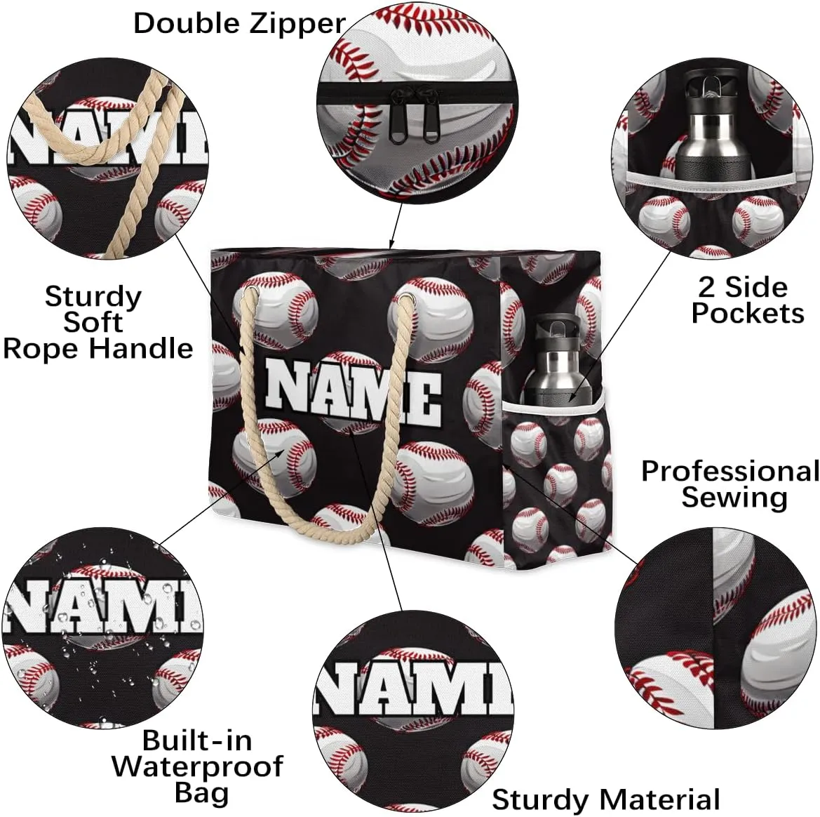 Sport Baseball Personalized Beach Bag for Women, Custom Name Waterproof Sandproof Pool Swim Bags