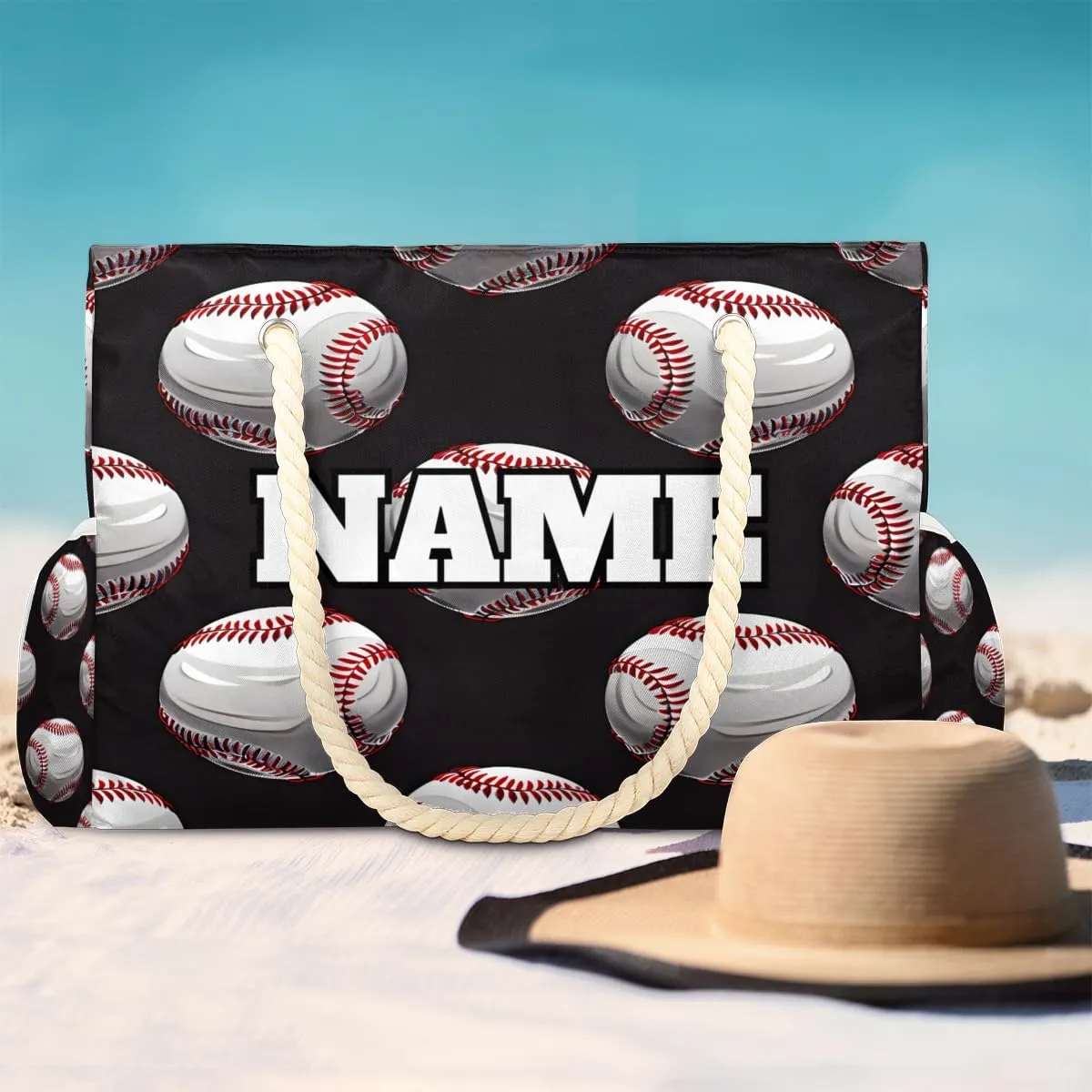 Sport Baseball Personalized Beach Bag for Women, Custom Name Waterproof Sandproof Pool Swim Bags