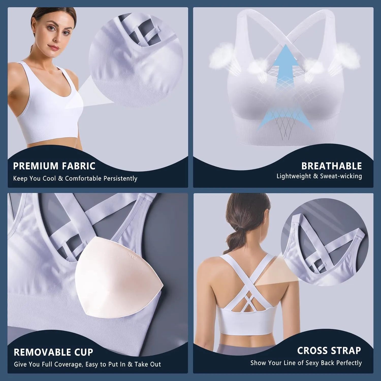 Sports Bra, Workout Tops for Women, Medium Impact Strappy Padded Sports Bras for Women High Support