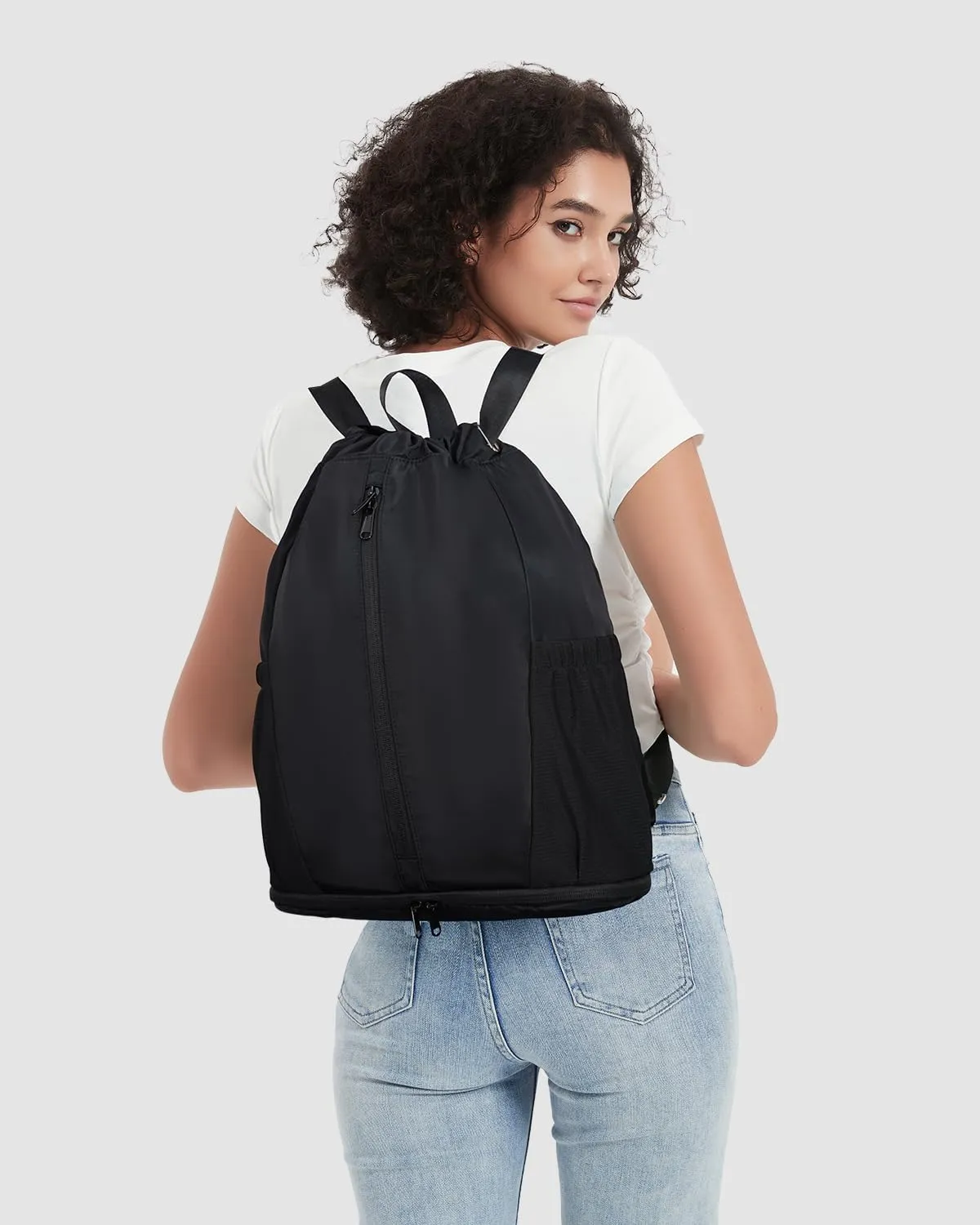 sportsnew Drawstring Backpack Sports Gym Bag with Shoes Compartment, String Backpack Cinch for Women Men, Water-Resistant Drawstring Bag for Workout Travel, Lightweight, Black, Patent Pending